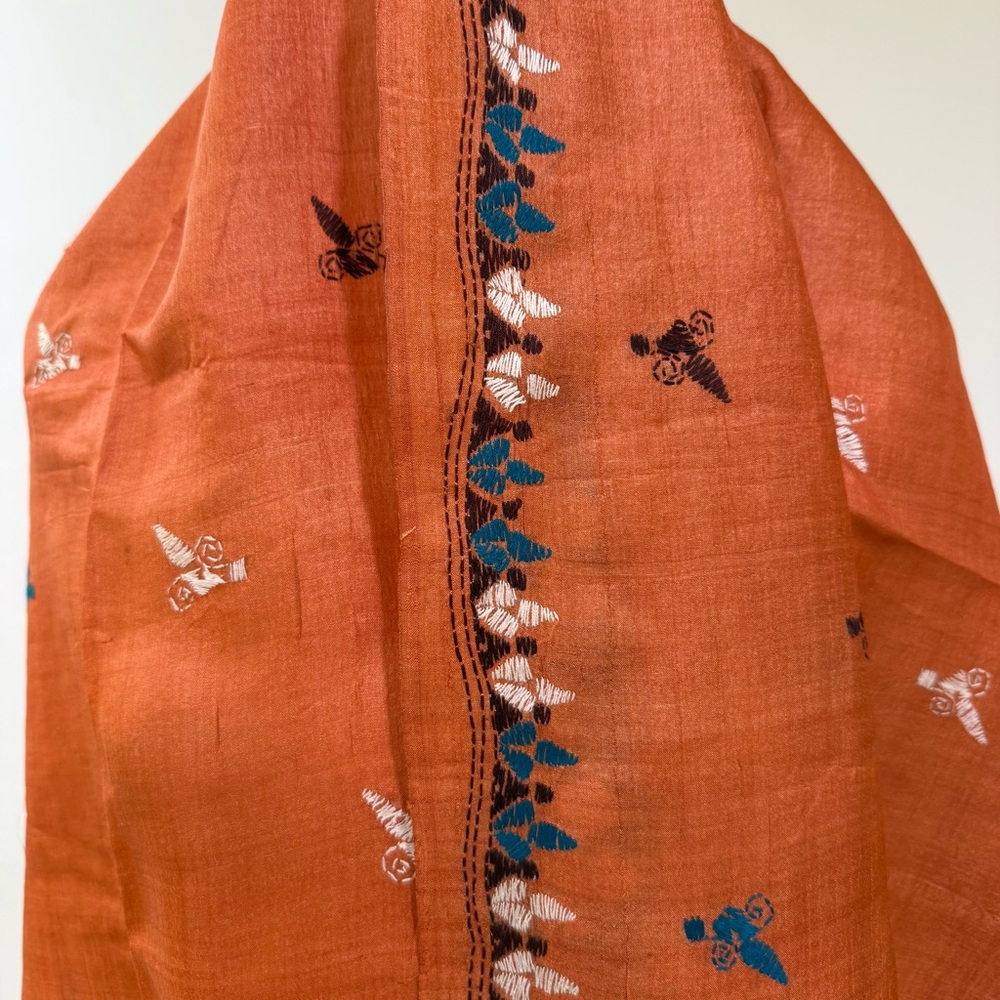 Rust Orange Elegant Embroidered Stole Dupatta Handloom Silk Scarf Festive Wrap - Picture 4 of 7